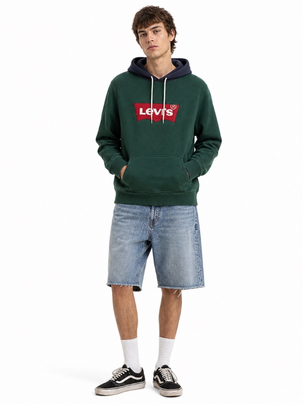 Levi’s Forest Green & Navy Hoodie w Large Red Logo Patch – Size Medium EUC